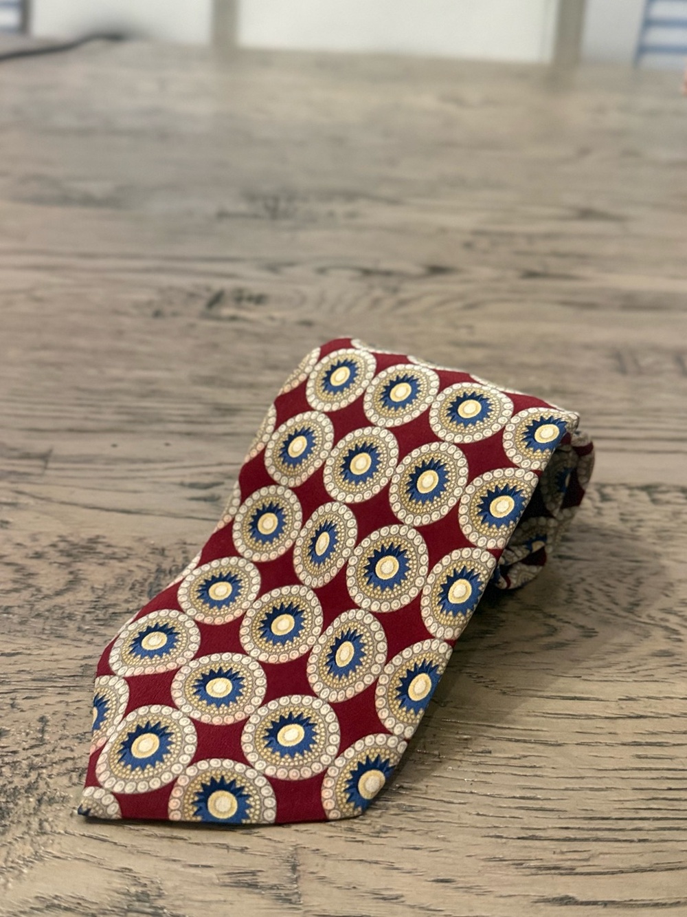 Valentino Red Silk Tie with Blue and Gold Medallion Motif